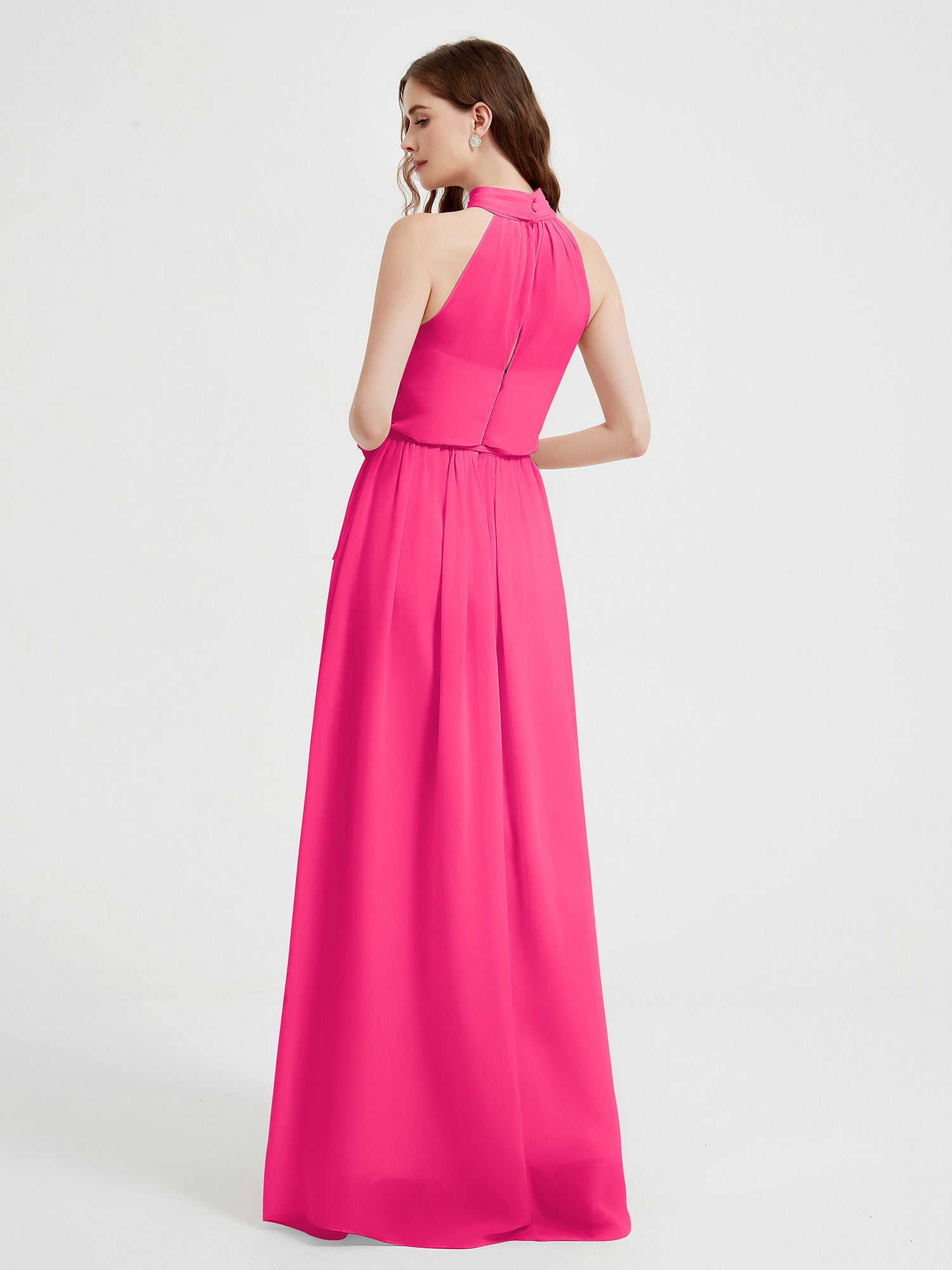 High Neck Full Length Dress with Slit Fuchsia